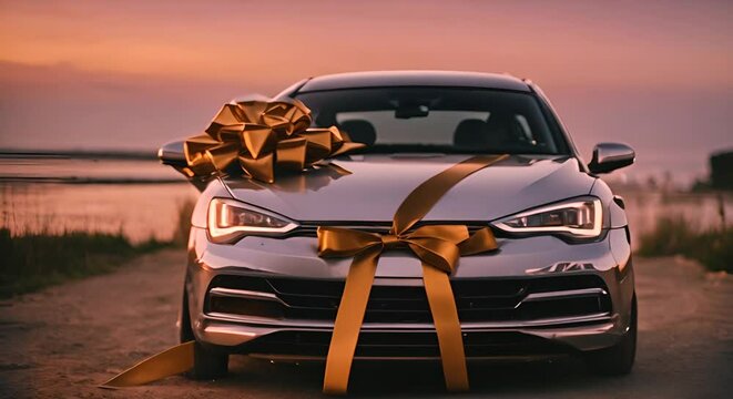 Car with a gift bow.	
