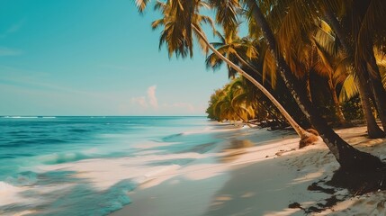 Fototapeta premium Generative AI : tropical paradise beach with white sand and coco palms travel tourism wide panorama background concept