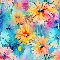 Fototapeta na wymiar Seamless pattern of vibrant watercolor daisies in a full bloom summer display