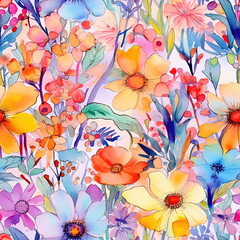 Seamless pattern of delicate watercolor florals in a whimsical garden setting
