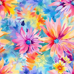 Seamless pattern with bold watercolor flowers in a dynamic spring color splash