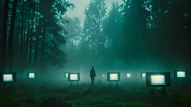 A person standing in front of a forest with old televisions displaying static noise. The concept of isolation and commentary on technology.