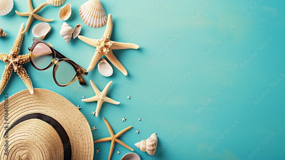 Poster generative ai : glasses and hat with shells and sea stars on a colored background. summer background