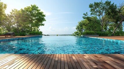 Infinity pool with panoramic ocean views surrounded by lush greenery and a wooden deck