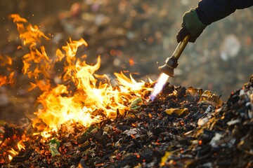 someone using a gas torch to burn piles of waste
