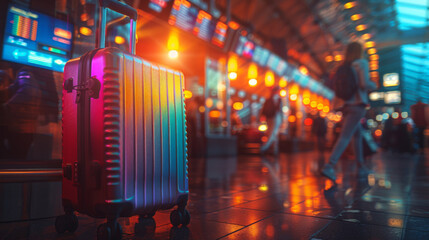 Illuminated colorful modern suitcase standing in a busy airport terminal with blurred travelers. - obrazy, fototapety, plakaty