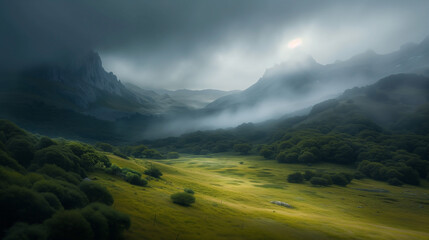 Mystical mountain landscape with fog rolling over green meadows