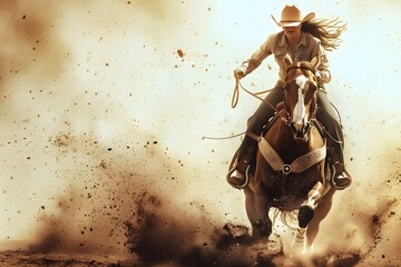 Obraz premium A digital design file featuring a female barrel racer in a rodeo setting with a horse. Concept Digital Design, Female Barrel Racer, Rodeo Setting, Horse, Action Pose