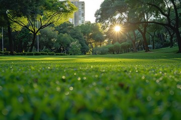 Obraz premium Beautiful landscape of a city park, with beautiful grass, trees and sun