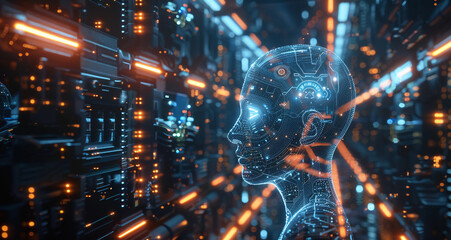 Portrait of Artificial intelligence and machine learning in a data center, technology and electronics