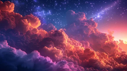 Poster Mystical night sky featuring colorful clouds and soft, glowing stars © MAY
