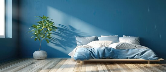 Interior of a room furnished with blue painted walls and hardwood floors, creating a cozy and serene atmosphere