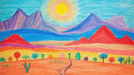 Foto op Canvas Crayon wax kid hand drawn landscape view with desert area, cactus,sun, cloud, mountain, meadow, flowers, land and rocks. Childlike picture drawing. Creative childen book cover. Vector illustration © ribelco