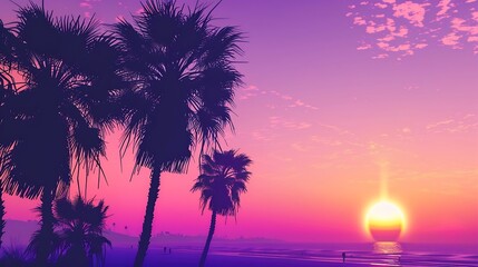 Generative AI : Summer sunset beach. Palm tree silhouette. Design of social media, 