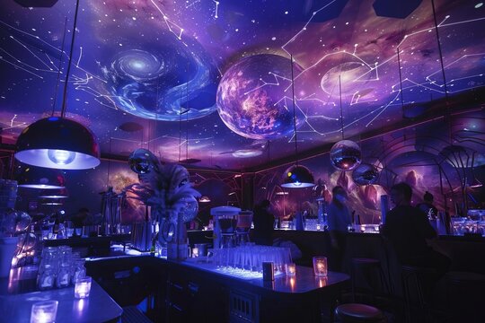 A celestial cafe set among the stars, with constellations painted on the ceiling, cosmic cocktails served in glowing glasses, and celestial beings as patrons, Generative AI