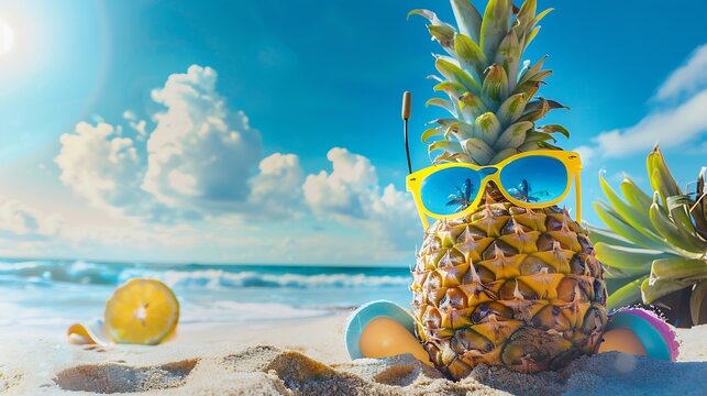 Generative AI : Summer Fashion on holiday concept. Pineapple wearing sunglasses and listen to music  - Powered by Adobe