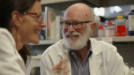 Elderly man with a white beard and glasses engaging in conversation with a woman in a lab coat