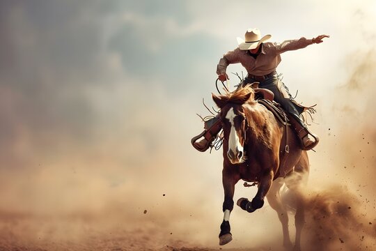 Rodeo Cowboy Riding a Bucking Bronco. Concept Cowboy Lifestyle, Rodeo Events, Bucking Bronco, Western Culture, Cowboy Competitions