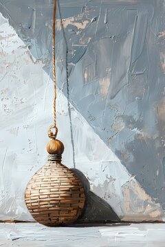 Rattan woven pendant Oil painting depicting a wabi sabi style on a smooth surface, set against a minimalist white and grey background,art work for wall art, home decor and wallpaper 