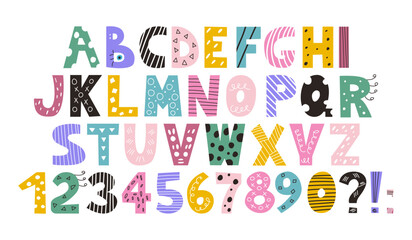 Latin colorful alphabet and numbers from 0 to 9 in the style of doodles. Cute bright vector English capital letters, funny hand drawn font