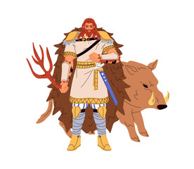 Freyr, Norse god. Nordic Lord, Frey, pagan mythology, legend character. Old ancient Scandinavian Barbarian deity. Legendary fiction flat graphic vector illustration isolated on white background