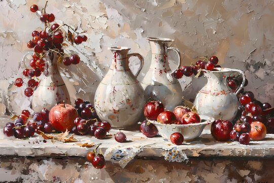 Classic painting of a still life arrangement of aged ceramic vases and jugs , , accompanied by fresh apple  resting on a weathered wooden table, art work for wall art, home decor and wallpaper 