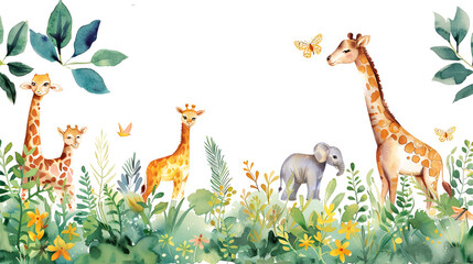 Naklejka premium Watercolor illustration baby safari nimal banner vector illustration design Giraffe with speech balloon, Generative Ai