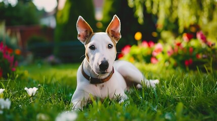 Generative AI : White with a brown patch Miniature Bull Terrier dog posing outdoors lying down on a green grass  - obrazy, fototapety, plakaty