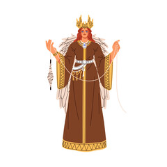 Frigg, Norse and Germanic goddess. Old Scandinavian woman, lady deity, ancient pagan Nordic mythology. Barbarian myth character. Flat graphic vector illustration isolated on white background