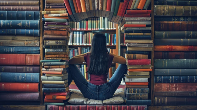Charming woman is seated in front of a bookshelf filled with numerous books, appearing to be engaged in reading or studying