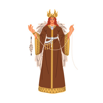 Frigg, Norse and Germanic goddess. Old Scandinavian woman, lady deity, ancient pagan Nordic mythology. Barbarian myth character. Flat graphic vector illustration isolated on white background