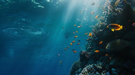 Generative AI : underwater in the deep blue ocean with colorful fish and marine life 