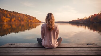 Young woman outdoors on the pier in calm morning meditation by the lake.