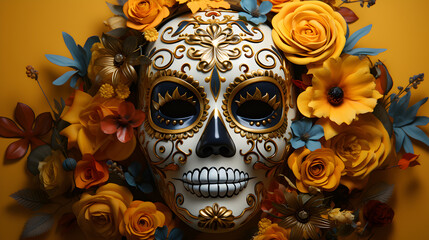 Mask day of the dead, woman sugar skulls, colorful, flowers, top angle, right copy space.