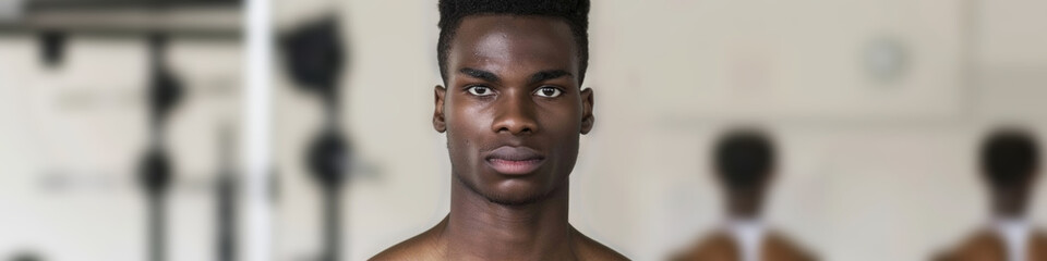 Obraz premium African American young man stands with a determined look in a gym, reflected in a mirror showing his dedication to fitness