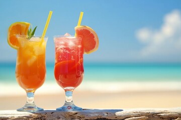 Two tropical fresh juices on tropical beach. generative ai.