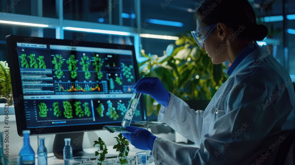 Poster a woman wearing a lab coat is focused on a computer screen, possibly analyzing data or conducting re