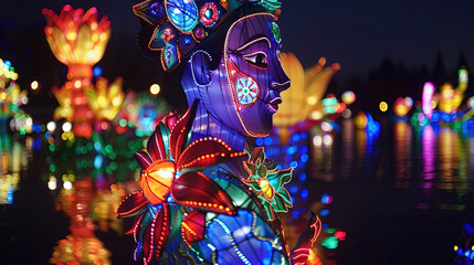 A statue of a person with bright lights illuminating it from all sides