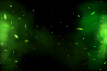 Green sparks with Fire and green smoke effect. Burning particles flames Elements, campfire, magic glow overlay - 764573260