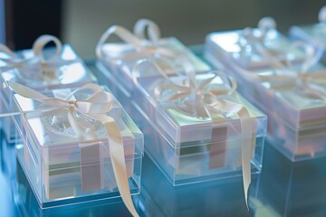 clear plastic boxes with a ribbon and a hang tag