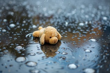 soft toy floating in a puddle with raindrops around - 764573422