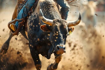 Bull rider holding tight as bull bucks in rodeo arena showcasing raw power and excitement. Concept Rodeo Events, Bull Riding, Western Lifestyle - obrazy, fototapety, plakaty