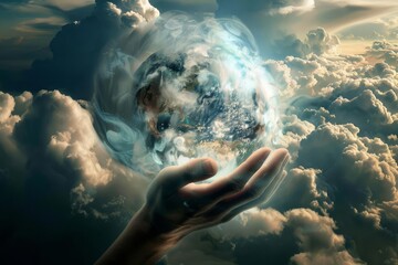 A powerful illustration of a giant, omnipotent hand emerging from the clouds, holding the Earth in its palm - obrazy, fototapety, plakaty