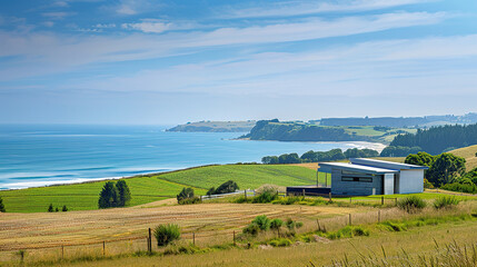 A modern farm house amongst fields next to the ocean. Professional landscape photography
