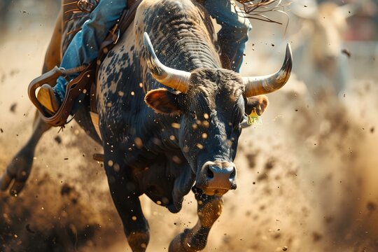 Bull rider holding tight as bull bucks in rodeo arena showcasing raw power and excitement. Concept Rodeo Events, Bull Riding, Western Lifestyle