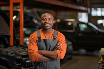 Fototapeta premium Smiling mechanic black man. Automotive professions. Job offer. Job Search. Machine repair professions. Black man. Africa. Afro american. AI.