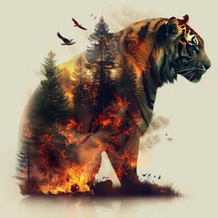 Fotobehang 燃える森、住処を奪われるトラ © Billy