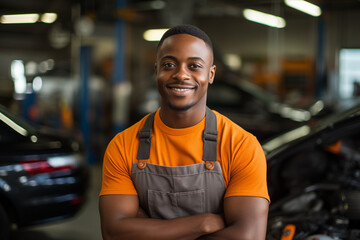 Fototapeta premium Smiling mechanic black man. Automotive professions. Job offer. Job Search. Machine repair professions. Black man. Africa. Afro american. AI.