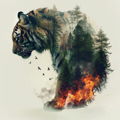 燃える森、住処を奪われるトラ