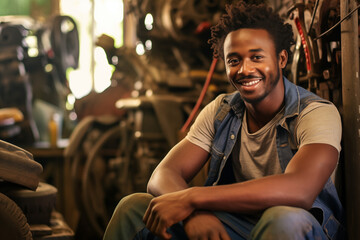 Smiling mechanic black man. Automotive professions. Job offer. Job Search. Machine repair professions. Black man. Africa. Afro american.  AI. - obrazy, fototapety, plakaty